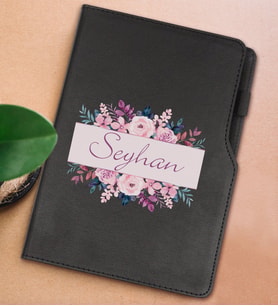 BK Gift Kişiye Özel Çiçek Tasarımlı Siyah Termo Deri Not Defteri 15x21cm-22