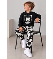 Ayı Baskılı Erkek Çocuk Sweatshirt & Desenli Eşofman Altı Siyah Alt Üst Takım