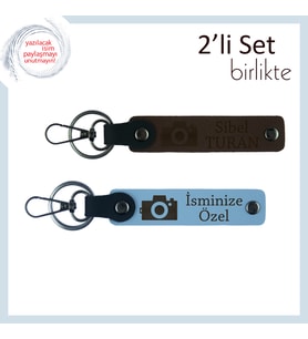 Anı Çekenlere Özel Kamera Temalı Anahtarlık, Kişisel İsimli 2’li Hediye Seti, Koyu Kahve-Gök Mavi