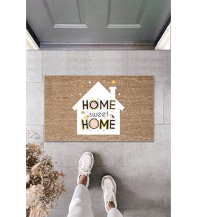 Dijital Baskı Kalitesi  Kahverengi Home Sweet Home Yazılı Beyaz Ev  Dekoratif Kapı  Paspası (Krem)