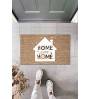 Dijital Baskı Kalitesi  Kahverengi Home Sweet Home Yazılı Beyaz Ev  Dekoratif Kapı  Paspası (Krem)
