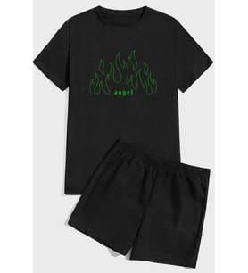 Green Angel Baskılı Baskı Şort Takım (Siyah)