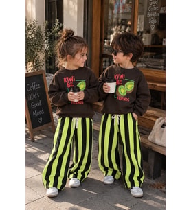 Kiwi Best Friends Baskılı Sweatshirt ve Çizgili Eşofman Altı Unisex Alt Üst Takım
