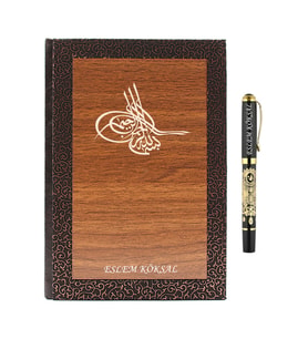 İsme Özel Lux Ahşap Defter ve Roller Kalem Seti - Osmanlı Arması