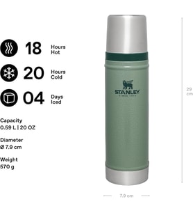 Stanley Classic Legendary Vakumlu Çelik Termos, Yeşil (Hammertone Green), 0.6 Litre