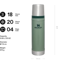 Stanley Classic Legendary Vakumlu Çelik Termos, Yeşil (Hammertone Green), 0.6 Litre
