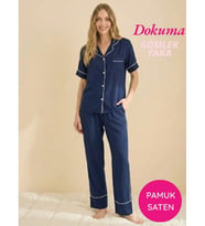 Seamlife Kadın Maskülen Önden Düğme Gömlek Yaka Dokuma %100 Pamuk Saten Göğüs Cepli Kısa Kol Pijama Takımı (Lacivert)