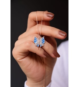 Papatya Silver 925 Ayar Gümüş Mavi Mineli Beyaz Taşlı Kelebek Kolye (Rose)