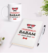 BK Gift Kişiye Özel Yakışıklı Babam Tasarımlı Beyaz Defter Kalem Kupa Seti - Model 3