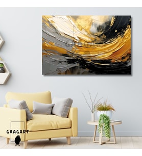 Tekli Yatay Kanvas Duvar Tablosu Soyut Siyah Gold Yağlı Boya Deseni