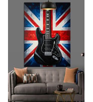 Union Jack İngiliz Bayrağı Siyah Elektro Gitar Dekoratif Kanvas - Mdf Ahşap Tablo