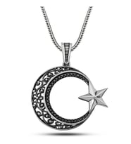 Gümüş Zirkon Taşlı Desenli Ay Yıldız Erkek Kolye