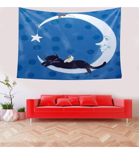 Ayda Oturan Kedi Leke Tutmaz Kadife Doku Kumaş Duvar Örtüsü Duvar Halısı Tapestry (Mavi)