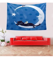 Ayda Oturan Kedi Leke Tutmaz Kadife Doku Kumaş Duvar Örtüsü Duvar Halısı Tapestry (Mavi)