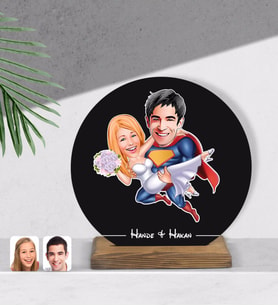 BK Gift Kişiye Özel Sevgililer Karikatürlü Yuvarlak Ahşap Biblo-92