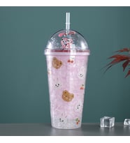 Tavşan Işıklı ve Pipetli Bardak, 450 ml, Buzlu ve Kapaklı, Pembe, 20x8 (Pembe)