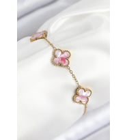 pilelistore 316L Çelik Sedefli Pembe Gold Renk Yonca Kadın Bileklik - TJ-BB7811