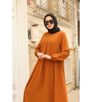 6482-ÖN TEK PİLELİ  KREP ELBİSE Tarçın