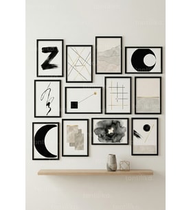 12 Parça Modern Geometrik Şekiller 2 Renk Seçenekli Dekoratif Çerçeve Görünümlü Tablo Seti
