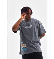 Erkek Tişort Bisiklet Yaka Baskılı Oversize T-Shirt - Gri