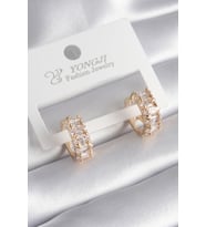 Pirinç Gold Renk Zirkon Taşlı Kadın Küpe (Altın)