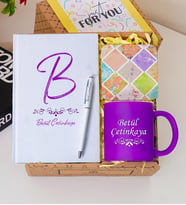 Kişiye Özel Renkli Defter , Kupa Bardak, Tükenmez Kalem & Hediye Seti (Mor)