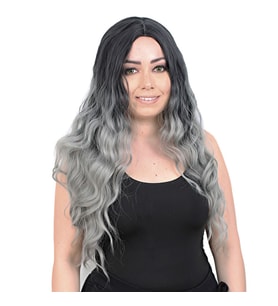 Su Dalgası Uzun Perçemsiz Fiber Sen Peruk / Siyah / Gri Ombreli