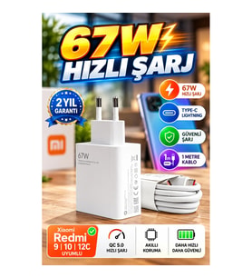 Xiaomi Redmi 9 10 12C Uyumlu 67W Hızlı Şarj Adaptörü – QC 5.0 1 m Type-C Lightning Kablolu