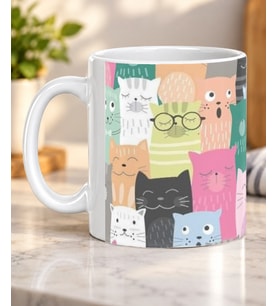 Renkli Kedi Topluluğu Desenli Kedi Severlere Hediye Porselen Kupa Bardak