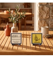 Huzur Veren “Sübhanallah” İfadesi ile Özel Deri Meâlli Bismillah Detaylı İkili Masaüstü Dekoru 10x10 cm, Pudra - Sarı