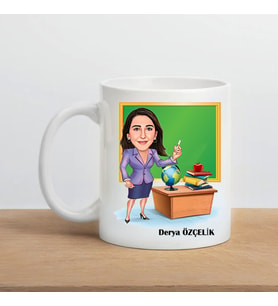 Kadın Öğretmene Karikatürlü Kupa Bardak (Beyaz)