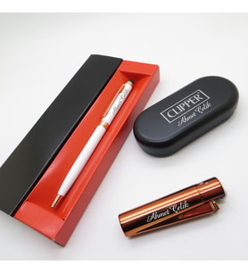 Clipper® Klasik Parlak Bronz Kişiye Özel Çakmak ve Kalem Seti Hediyelik Çakmak