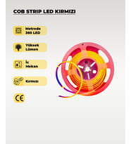 12V COB Şerit Led Kırmızı Işık  - Metrede 360 Led - 5 Metre