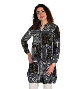 Kadın Uzun Pano Baskılı Desen Viscon Bluz BGL-ST04295 (Lacivert)