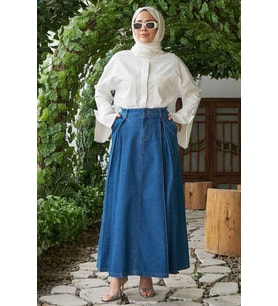 2288-Denim Pileli Etek Koyu Mavi