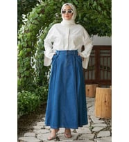 2288-Denim Pileli Etek Koyu Mavi