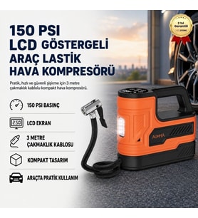 3 Metre Çakmaklık Kablolu Araç Lastik Hava Kompresörü – 150PSI Basınçlı, LCD Göstergeli Taşınabilir Lastik Şişirme Pompası