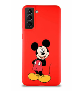 Samsung Galaxy S21 Plus Soft Premier Kapak Mickey Mouse-B Tasarımlı Silikon Kılıf - Kırmızı (Şeffaf)