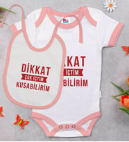 BK Kids Dikkat Çok İçtim Tasarımlı Pembe Bebek Body Zıbın ve Mama Önlüğü Hediye Seti-1