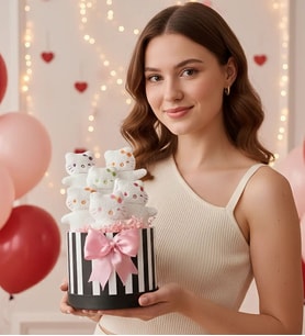 Anneler Kıza Hediye Sevgililer Günü Özel Peluş Silindir Ayıcık Kutusu Hello Kitty Ayıcık Buketi Doğum Günü Hediyesi (Siyah Beyaz)