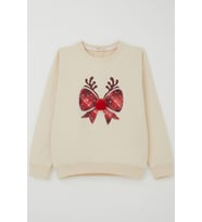 Breeze Kız Çocuk Sweatshirt Ponponlu Yılbaşı Kurdeleli 6-12 Yaş, Krem