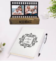 BK Gift Kişiye Özel 2 Fotoğraflı Film Şeridi Dekoratif Ahşap Stand ve Beyaz Defter Kalem Hediye Seti