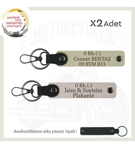 Hız Aşıkları İçin Özel İsim Plaka ve 0 Rh (-) Kan Grubu Yazılı Deri x2 Anahtarlık, Pudra-S Kahve-Syh (Çok Renkli)