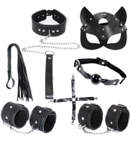 7 Parça Siyah Deri Fantezi BDSM Fetiş Aksesuar Seti