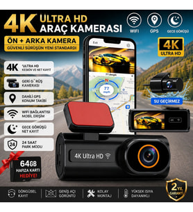 TriLine Ultra HD 4K Mini Ön ve Arka Araç Kamerası 64GB Hafıza Gece Görüşlü GPS Destekli Kamera