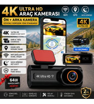 TriLine Ultra HD 4K Mini Ön ve Arka Araç Kamerası 64GB Hafıza Gece Görüşlü GPS Destekli Kamera