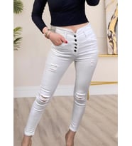 Yüksek Bel Çok Düğmeli Ve Yırtık Detaylı Kot Pantolon Jean (Beyaz)