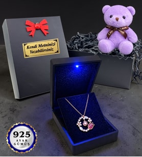 Kişiye Özel 925 Ayar Gümüş Laleli Kolye 100 Dilde Seni Seviyorum Rose Kaplama Zirkon Taşlı Kadın Kolye (Mor Ayıcık Hediyeli)