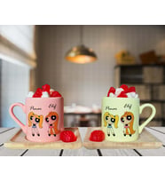 Powerpuff Blossom & Bubbles Arkadaş Çift Tasarımlı Pembe & Sarı Ahşap Tabaklı Kişiye Özel Türk Kahvesi Fincanı Seti