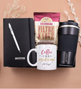 Kişiye Özel 500 ML Çelik Termos & Defter & Beyaz Touch Pen & Motto Kupa & Mehmet Efendi Colombian Filtre Kahve (Siyah)
